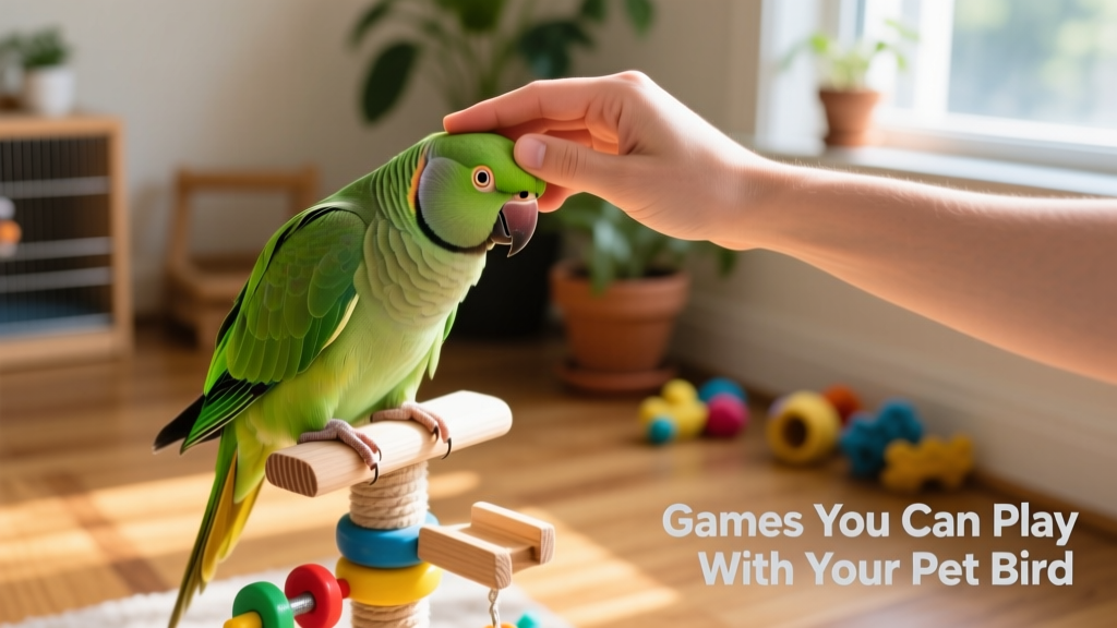A hand reaching out to gently scratch the head of a relaxed parrot perched on a playstand after playtime