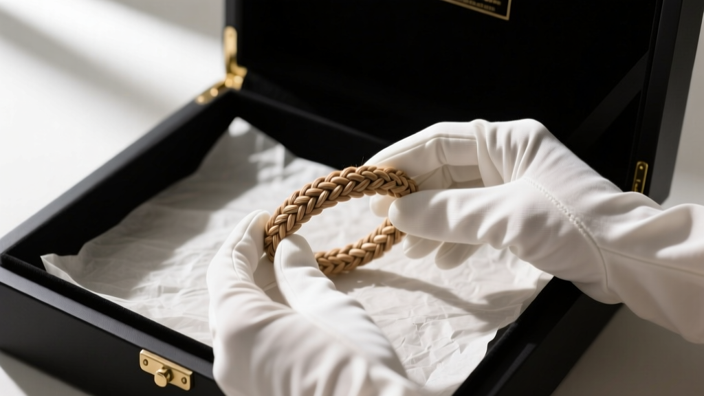 White gloves holding a woven hair bracelet on acid-free tissue paper inside a dark, climate-controlled archival storage box.
