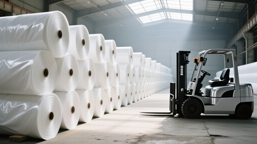 Rolls of white PVC-coated polyester waterproof fabric material stacked in a warehouse with a forklift and sunlight streaming through skylights