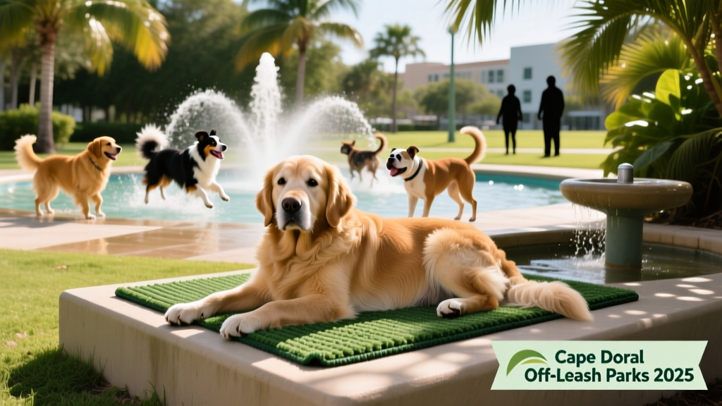 Senior dog resting comfortably on elevated turf platform near shaded water station, with other dogs playing in background splash zone