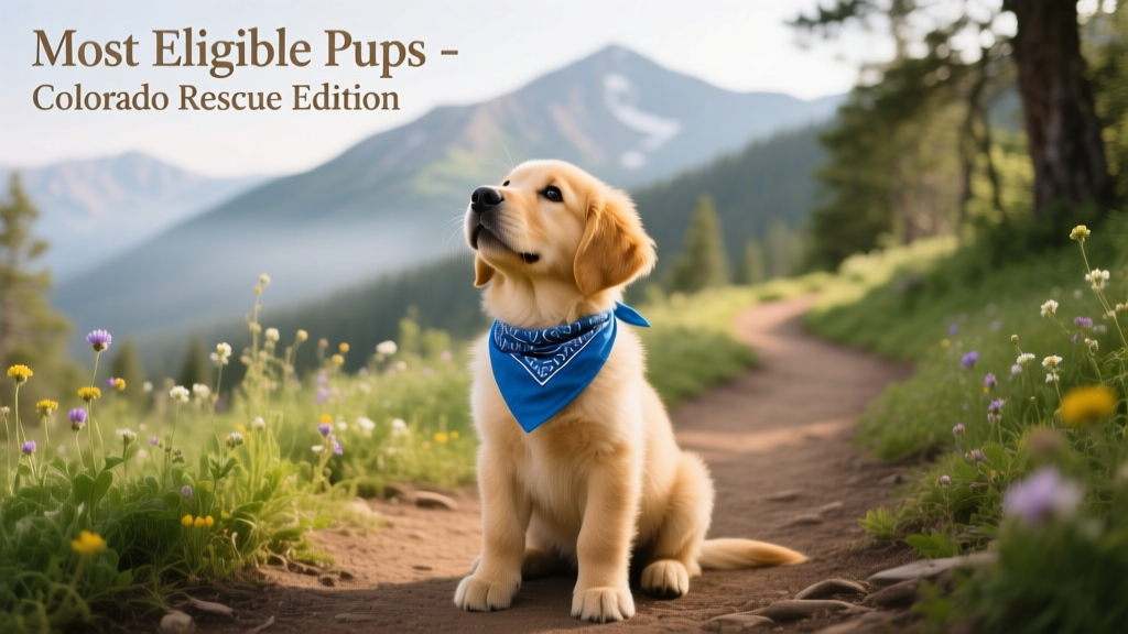 Gazpacho sitting calmly on a hiking trail, wearing a blue bandana and looking up with bright, eager eyes