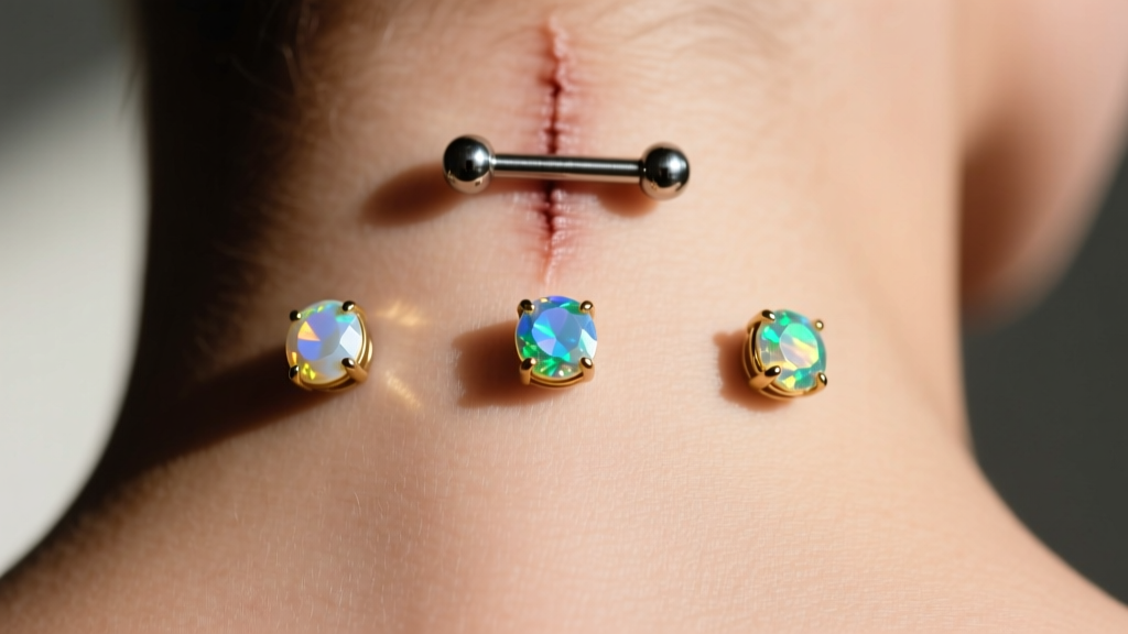 Close-up of a healed nape necklace piercing featuring three 14-gauge titanium surface bars with 3mm opal gem ends on clear skin