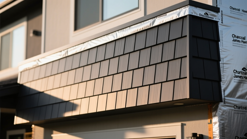 Charcoal James Hardie fiber cement lap siding installed over rigid foam continuous insulation and weather barrier on a modern home.