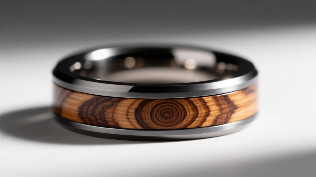 Macro shot of a polished titanium band with Hawaiian Koa wood inlay, highlighting intricate tree ring patterns against dark slate.