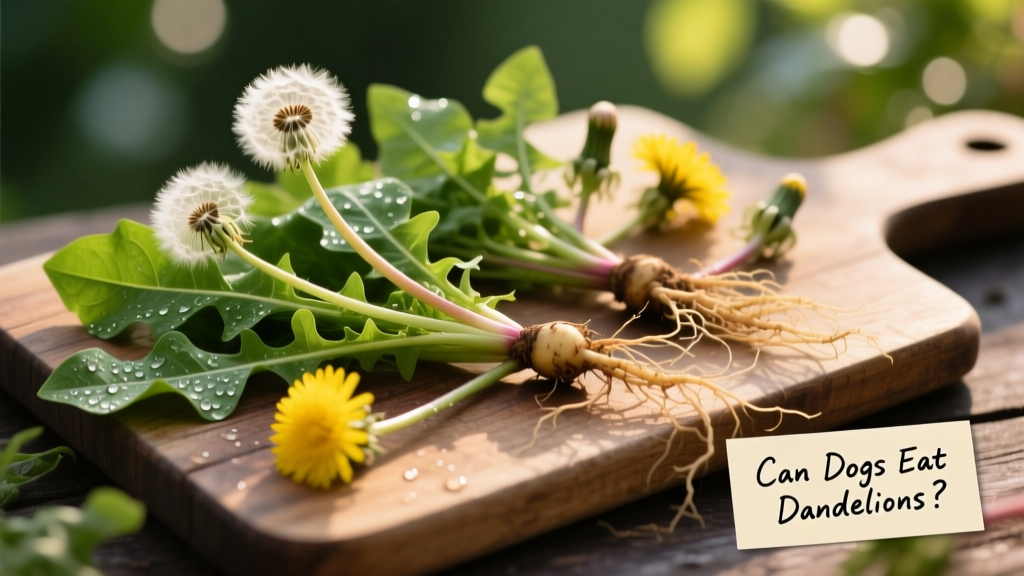 Close-up of fresh dandelion leaves, flowers, and roots arranged on a wooden cutting board