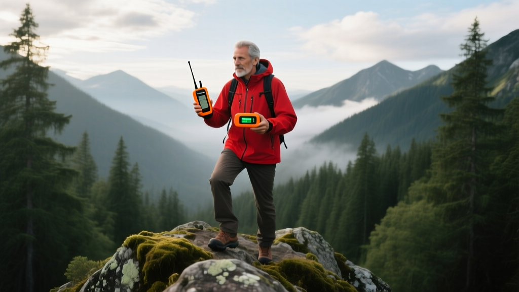 Hiker in a red jacket holding the bright orange Garmin inReach Mini 2 satellite communicator with a mountainous forest backdrop