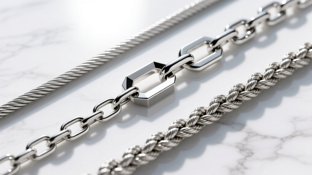 Three silver chains including cable, box, and rope, laid side-by-side on white marble under bright natural light, top-down view.