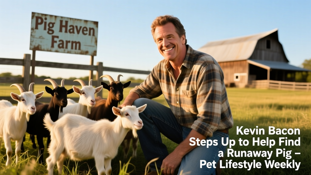 Kevin Bacon smiling beside a small group of goats on a sunlit farm pasture