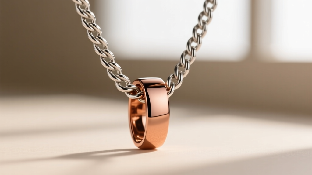 Macro photography of a sterling silver rope chain threading through a polished copper pendant bail, studio lighting, sharp focus.