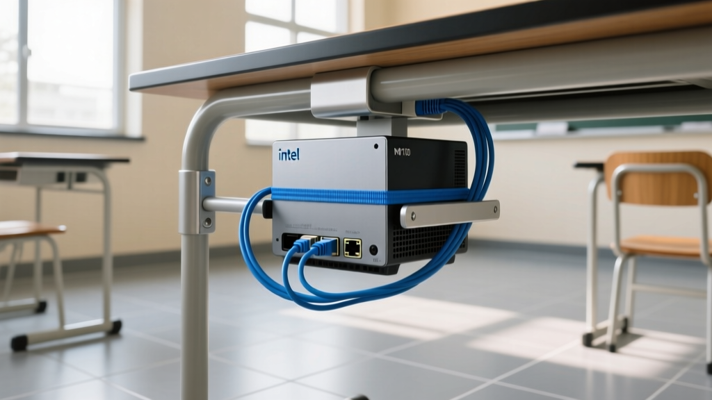 Under-desk mounting bracket holding a compact Intel N100 desktop PC with neatly zip-tied blue ethernet and power cables in a school lab