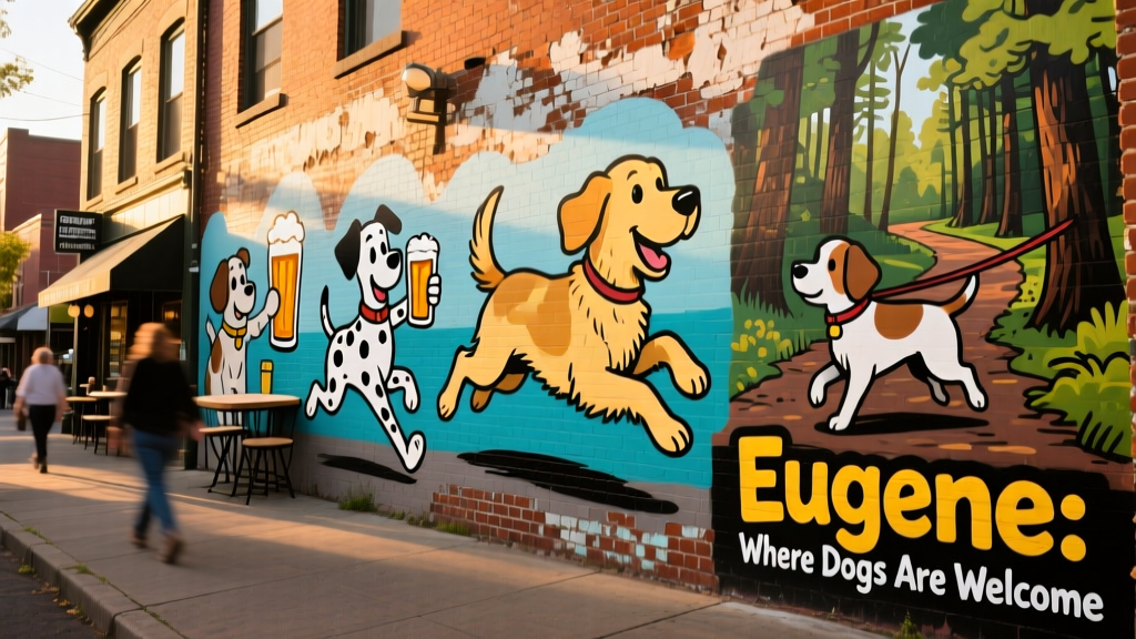 Street art in Eugene, Oregon featuring playful dog-themed murals