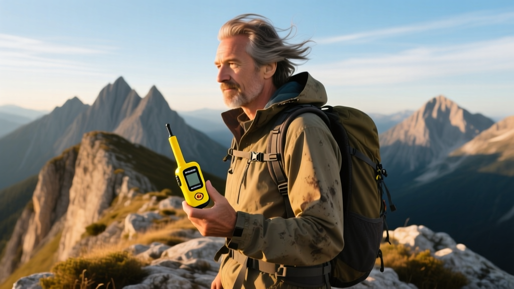 Hiker wearing a backpack pressing the SOS button on a bright yellow Garmin inReach Mini 2 satellite communicator while standing on a rocky ridge