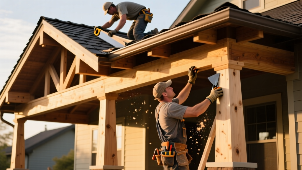 Carpenters installing pressure-treated wood framing and asphalt shingles on a covered porch attached to a craftsman home exterior
