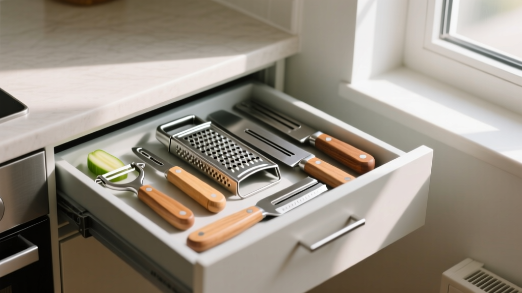 Tiny apartment kitchen drawer organized with flat vegetable peelers, folding graters, and narrow Japanese mandoline slicers stacked neatly