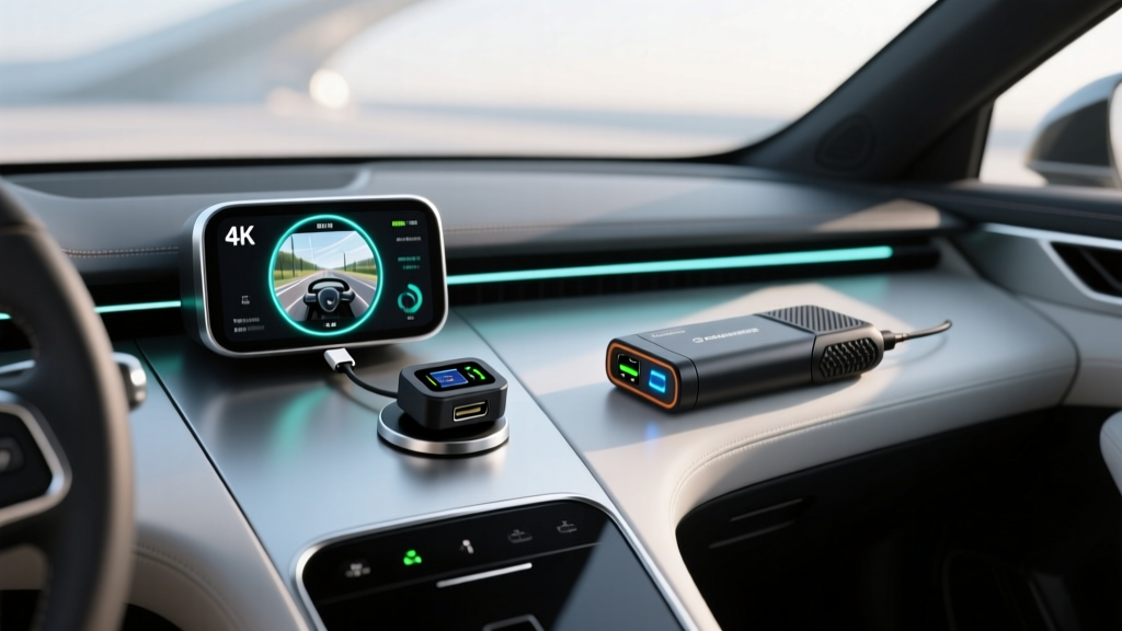 A modern 2026 car dashboard featuring a sleek 4K AI dash cam, a digital OBD2 scanner, and a portable lithium jump starter on the center console.