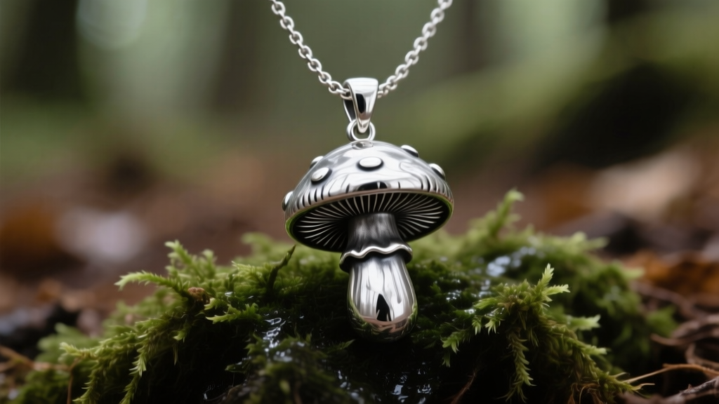 Close-up of a highly detailed 925 sterling silver mushroom necklace pendant with oxidized gills resting on dark green moss.