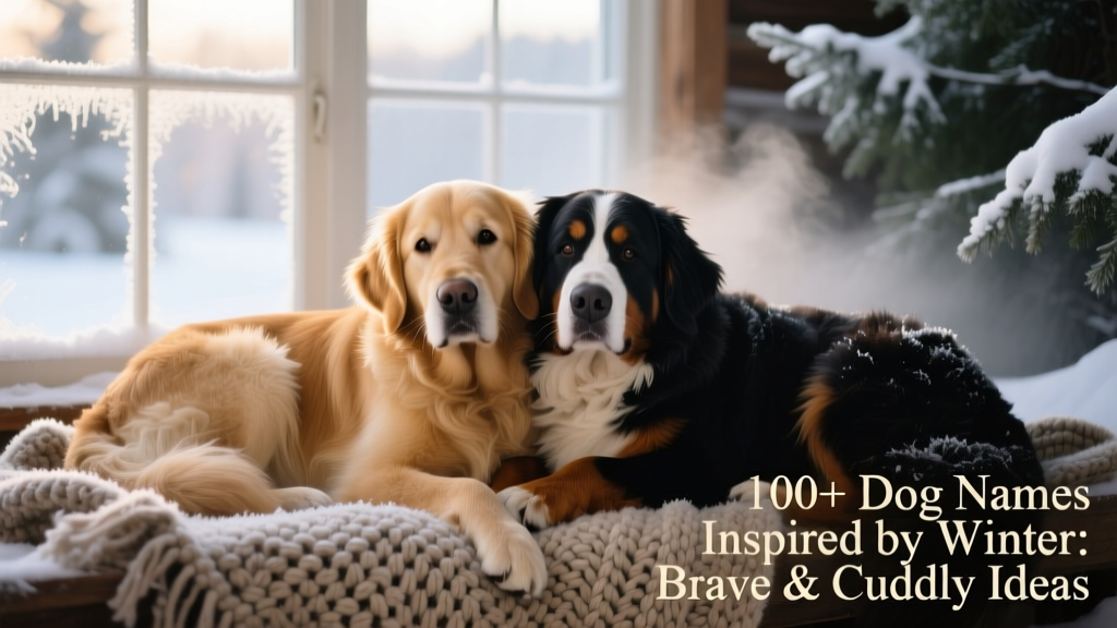 A golden retriever and a Bernese mountain dog snuggled together on a woven blanket beside a frosted window, soft light filtering in