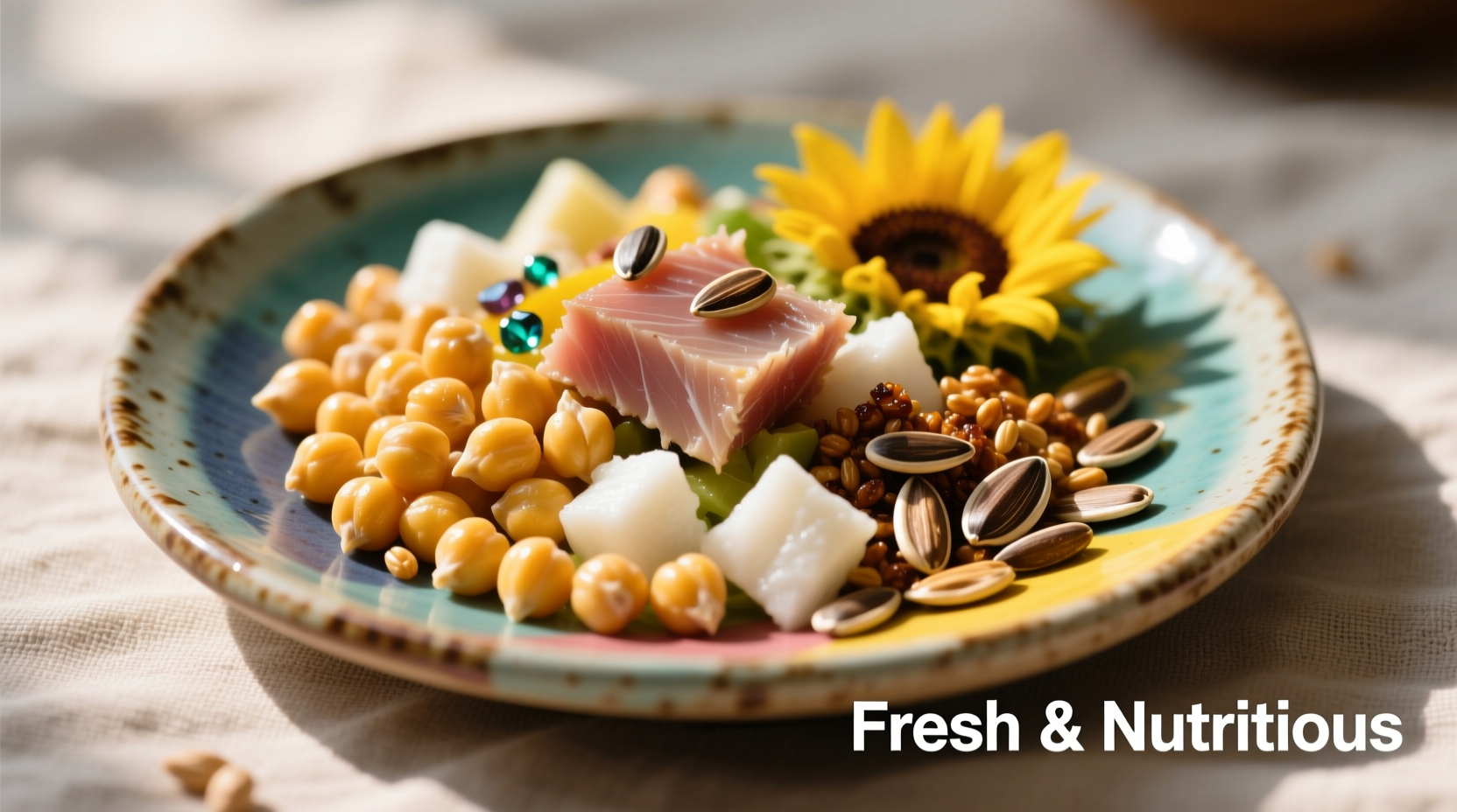 Colorful plate of chickpeas, tuna, and sunflower seeds