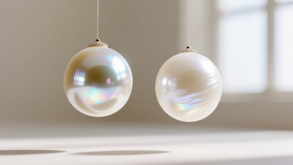 Macro shot comparing the sharp mirror-like luster of a saltwater Akoya pearl against the softer glow of a white freshwater pearl