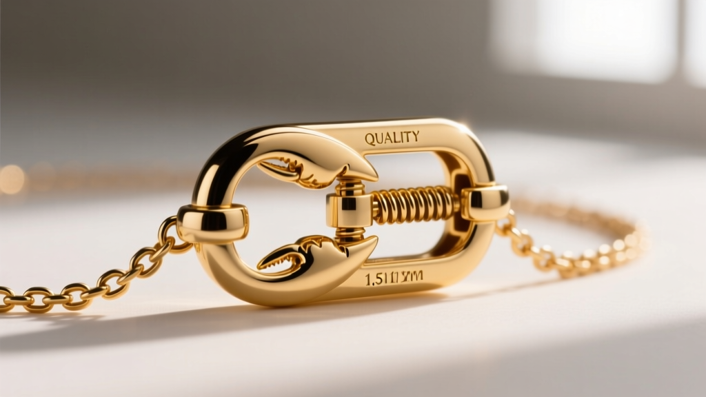Macro shot of a gold-filled lobster clasp on a 1.5mm chain, displaying stamped quality marks and the internal spring mechanism.