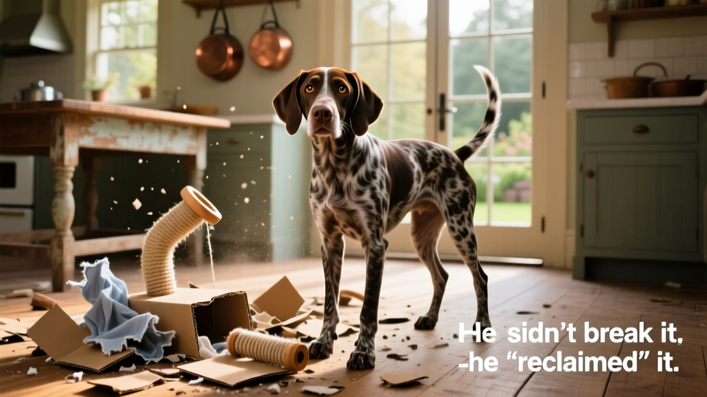 Whiskey standing proudly beside the wreckage of a destroyed cat climbing toy