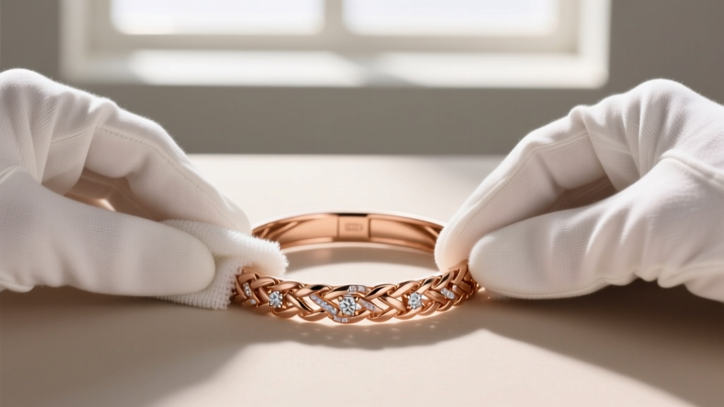 Hands in white cotton gloves using a lint-free microfiber cloth to polish a woven 18k rose gold bracelet with diamond accents.