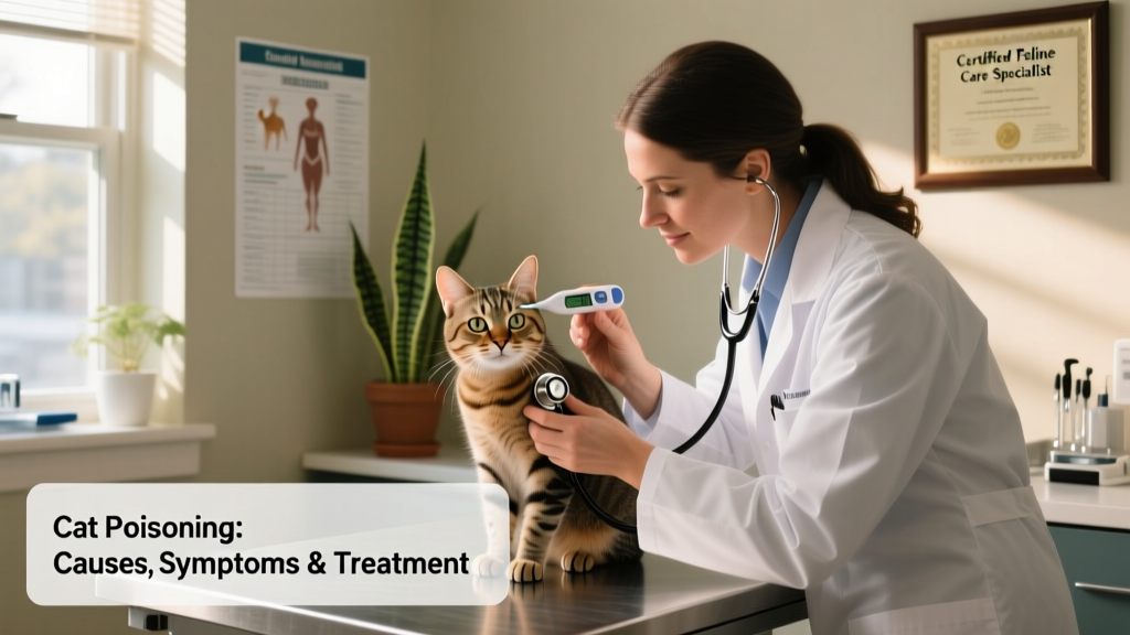 Veterinarian gently examining a calm but alert cat in a clinic exam room, with a stethoscope and digital thermometer visible