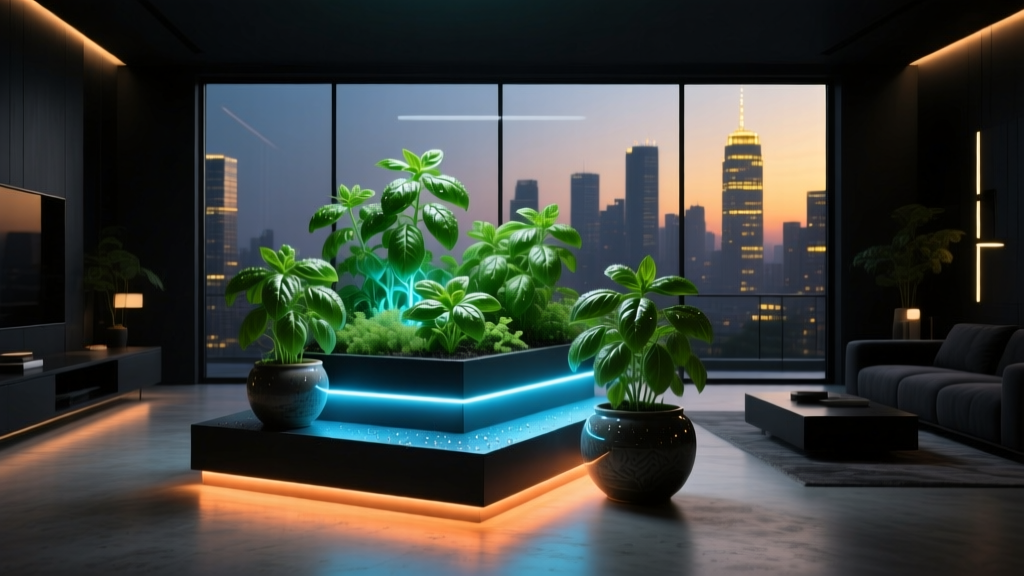 Futuristic indoor smart garden glowing with LED lights in a modern dark living room, surrounded by lush green basil.