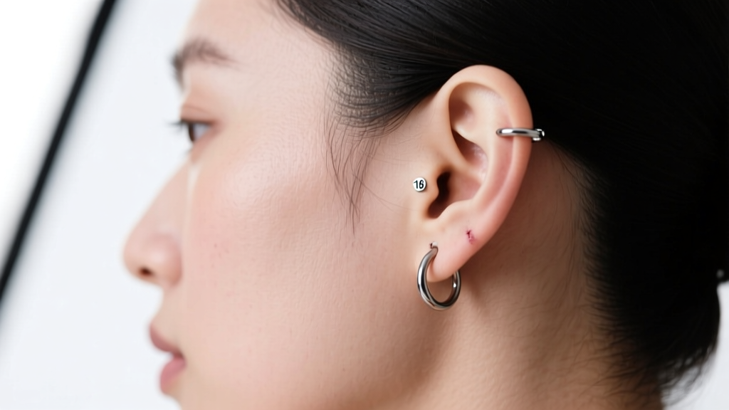 Side profile of a healed 16-gauge cartilage piercing wearing a seamless niobium hoop, clear skin under bright, soft studio lighting.