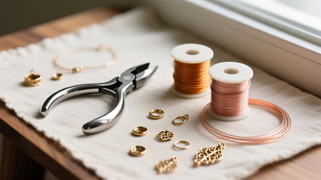 Overhead view of a wire wrapping jewelry kit on a desk, showing carbon steel pliers, copper wire spools, and brass findings.