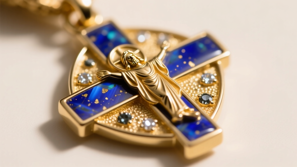 Macro shot of a 14k gold Saint Christopher medal inlaid with lapis lazuli, showing pyrite flecks under soft, warm studio lighting.