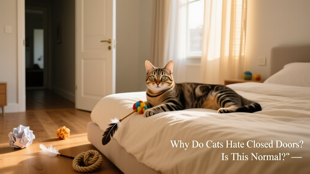 A relaxed cat lounging on a soft bed inside a sunlit room with the door slightly ajar, toys scattered nearby