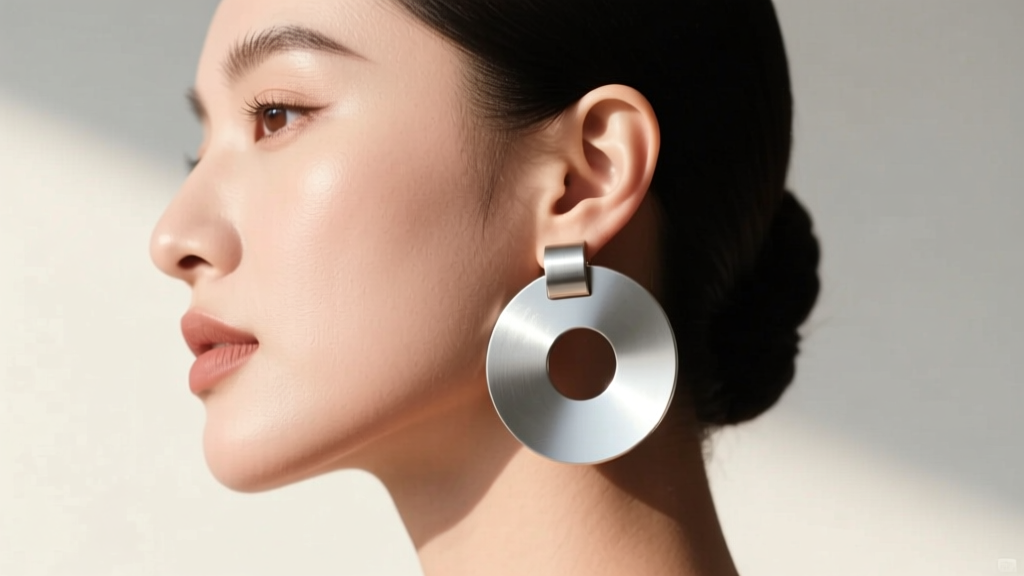 Side profile of a woman wearing large lightweight aluminum disk earrings, showing the flat metal surface resting against the jawline
