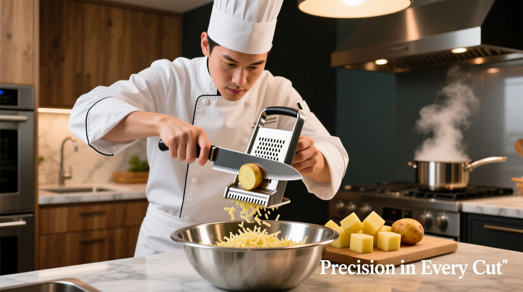Professional chef using potato chopper for uniform cuts