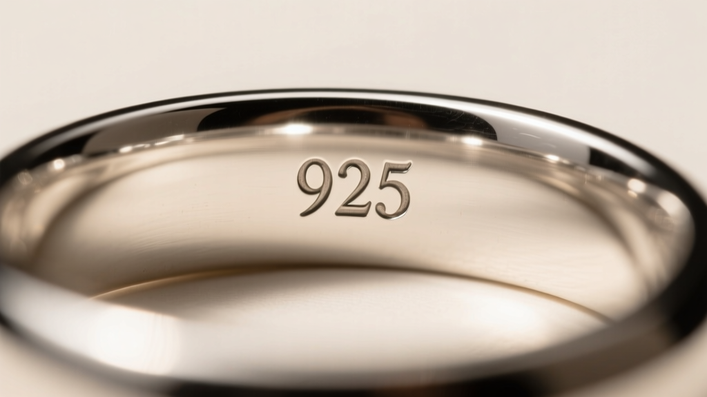 Macro view of a 925 stamp on the inner shank of a polished sterling silver ring, illuminated by a bright jeweler's loupe light