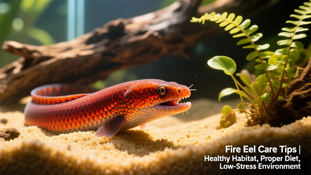 Close-up of a fire eel partially buried in fine sand with driftwood and live plants nearby