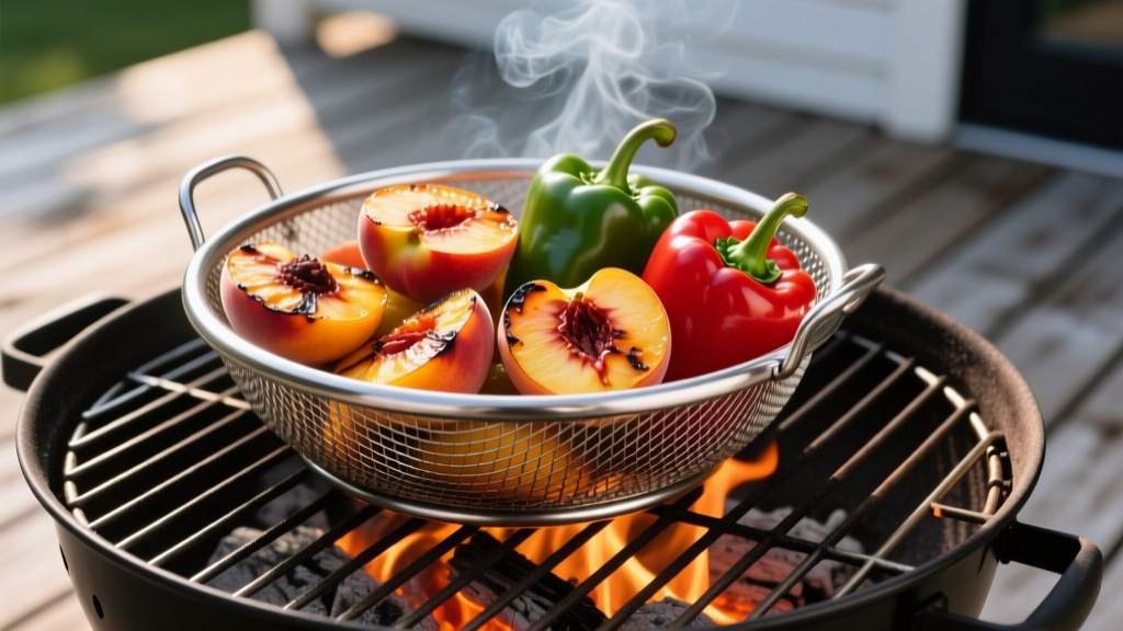 Stainless steel mesh grill basket filled with charred peach halves and bell peppers resting on a glowing charcoal kettle grill