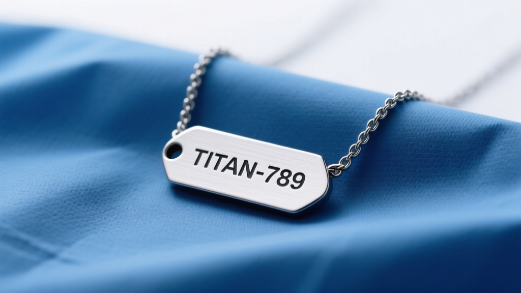 Close-up of a Grade 2 titanium medical ID necklace on a sterile blue drape, illuminated by soft clinical overhead lighting.