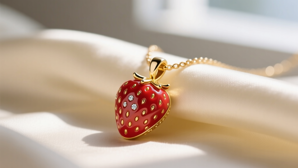 Close-up of a 14k yellow gold strawberry charm necklace with red vitreous enamel and diamond seeds resting on soft cream silk