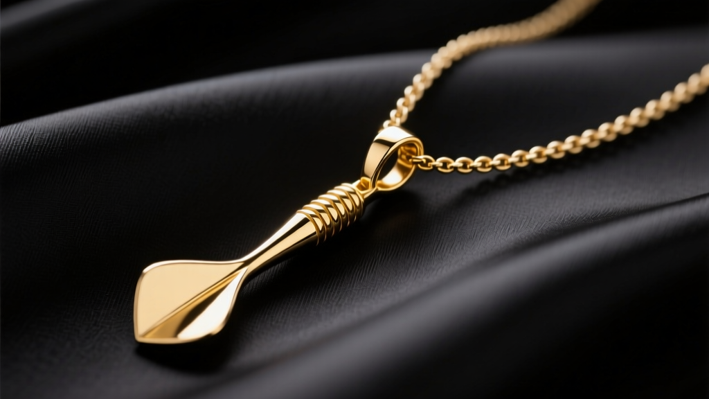 Macro shot of a polished 14k gold dart pendant on black silk, highlighting aerodynamic facets and a delicate 18-inch cable chain.