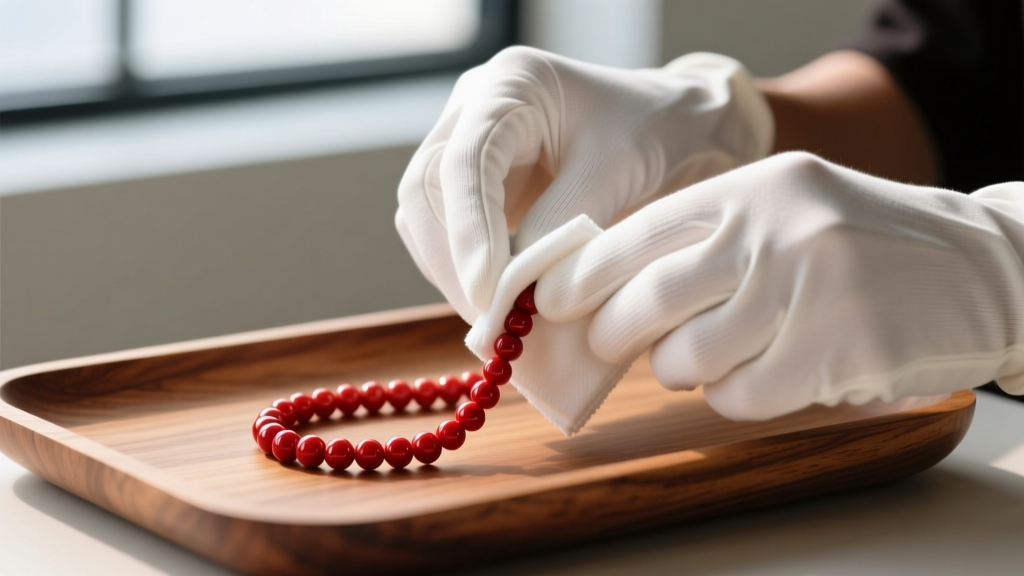Hands wearing white cotton gloves gently wiping a strand of deep red coral beads with a damp microfiber cloth over a wooden tray