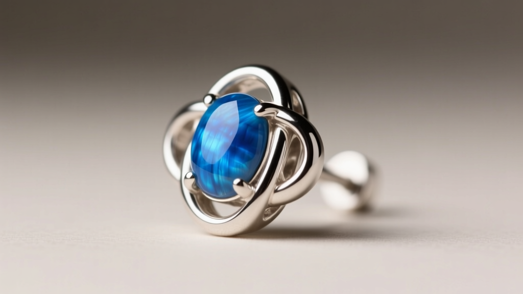 Macro photography of a 925 sterling silver Celtic trinity knot stud earring bezel-set with a bright blue polished larimar cabochon
