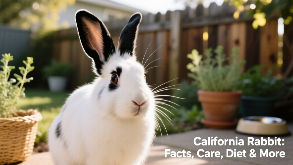 A close-up portrait of a Californian rabbit showing its black-tipped ears and snowy white fur