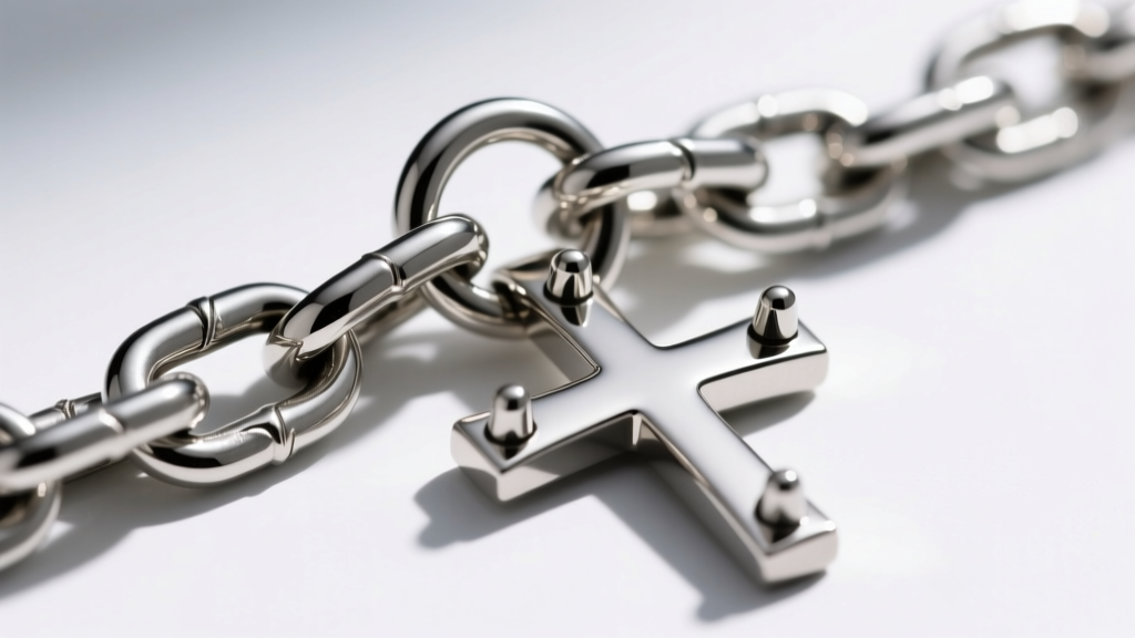 Heavy stainless steel curb chain attached to a three nail cross pendant, showing the jump ring connection point under a macro lens.