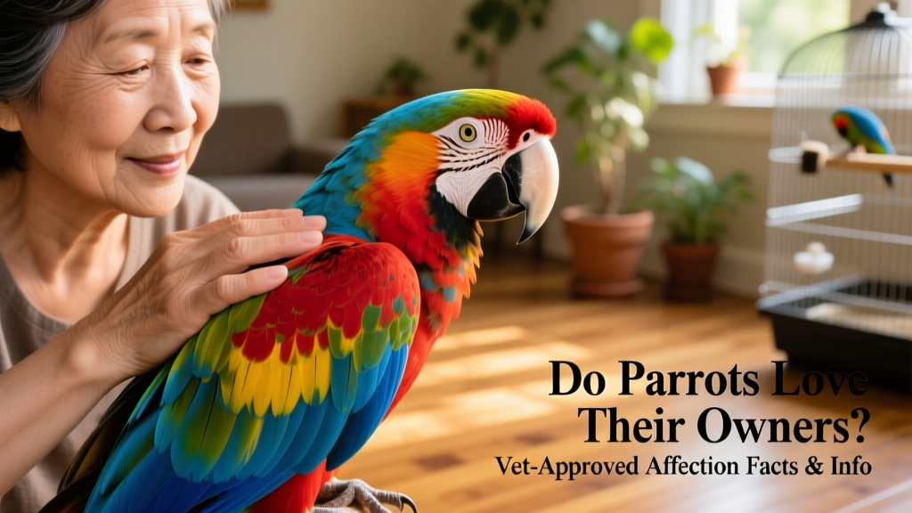 A hand gently stroking a brightly colored macaw perched on a shoulder, showing relaxed body language and soft eye contact