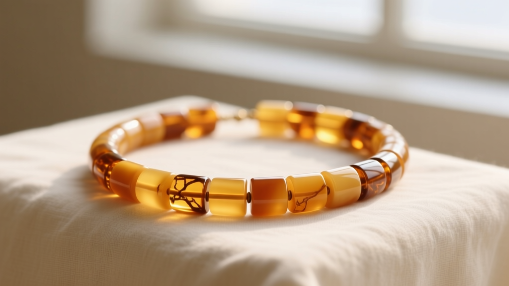 Amber barrel bead necklace on cream linen, showing elongated cylinder shapes and warm honey tones in soft light.