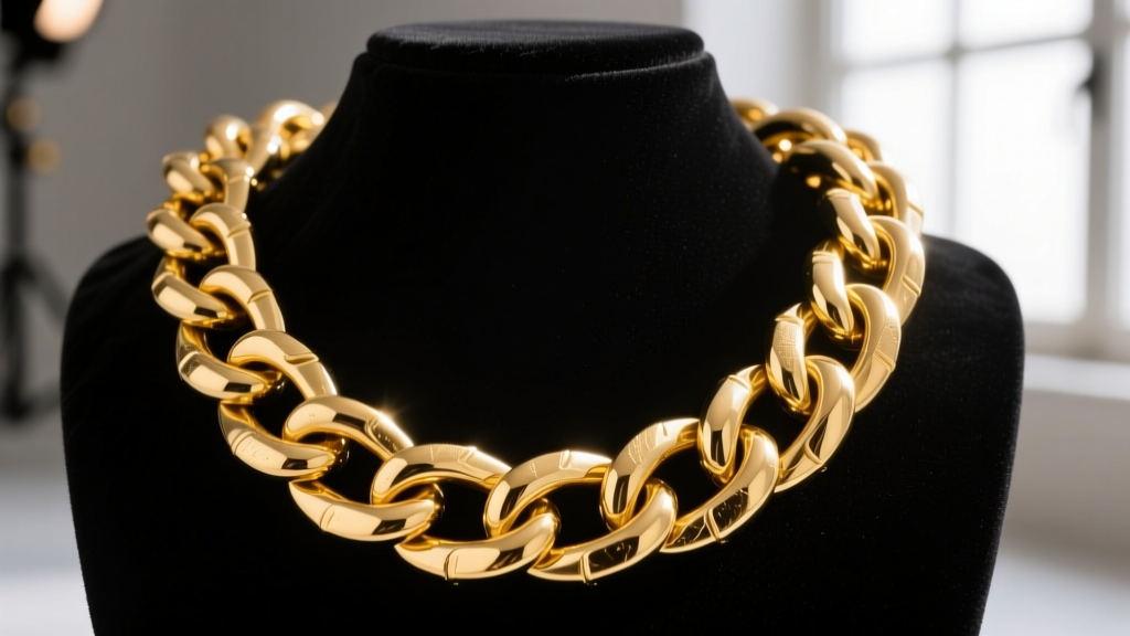 Close-up of a massive 25mm solid gold Cuban link chain on a black velvet bust, highlighting thick, heavy interlocking links.