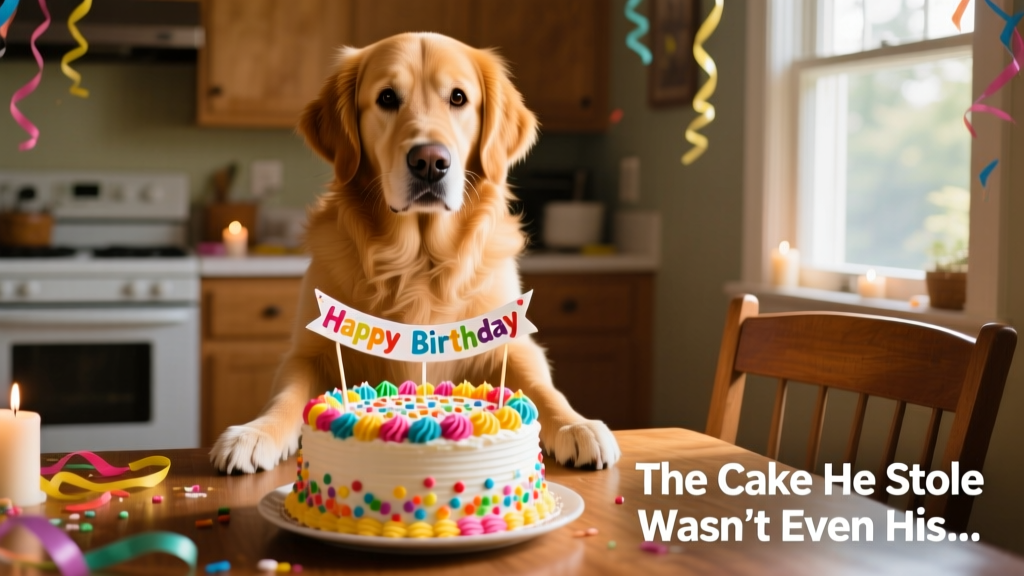 Golden retriever standing on hind legs, paws on table, eyes locked on a decorated birthday cake