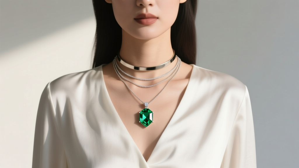 Woman wearing a layered necklace stack with a 16-inch choker and an 18-inch lab grown emerald pendant over a white silk blouse