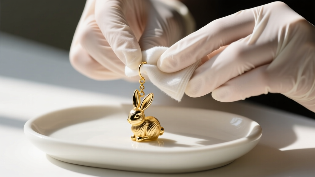 Hands in nitrile gloves gently polishing a gold vermeil bunny drop earring with a microfiber cloth over a ceramic jewelry tray